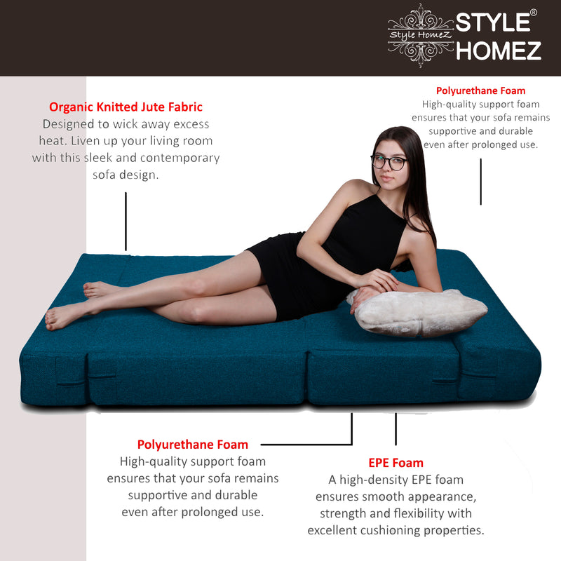 Style Homez Foldable Sofa Cum Bed, 4' x 6' Feet Premium Jute Fabric with High Density Foam, Berry Blue Colour