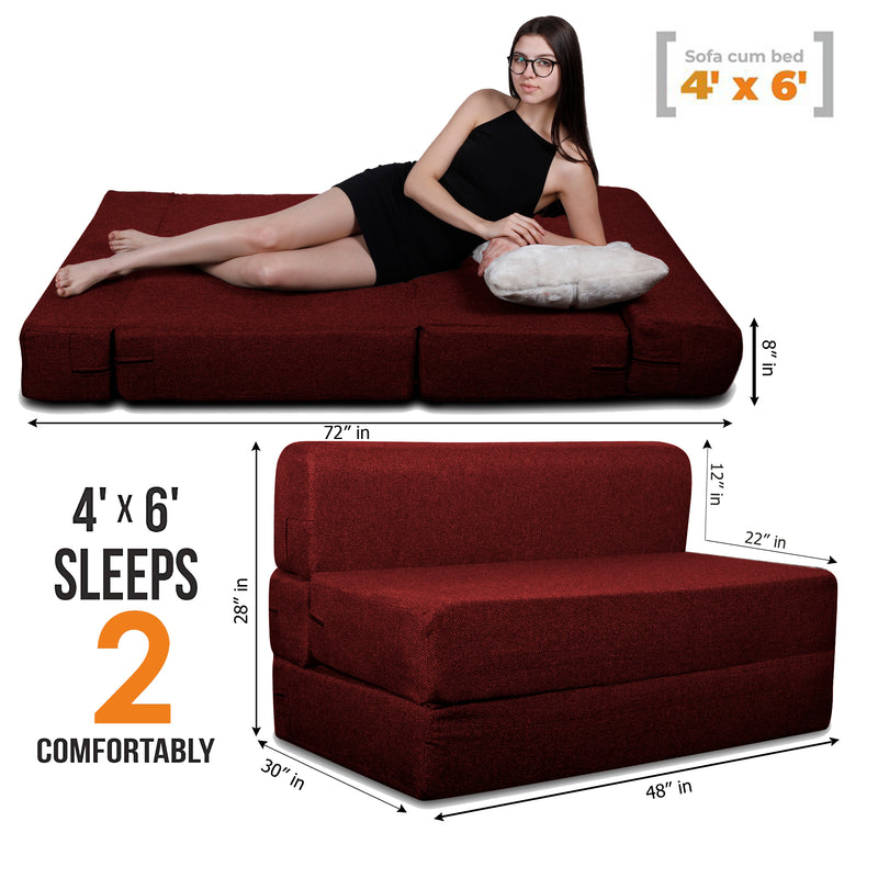 Style Homez Foldable Sofa Cum Bed, 4' x 6' Feet Premium Jute Fabric with High Density Foam, Crimson Red Colour