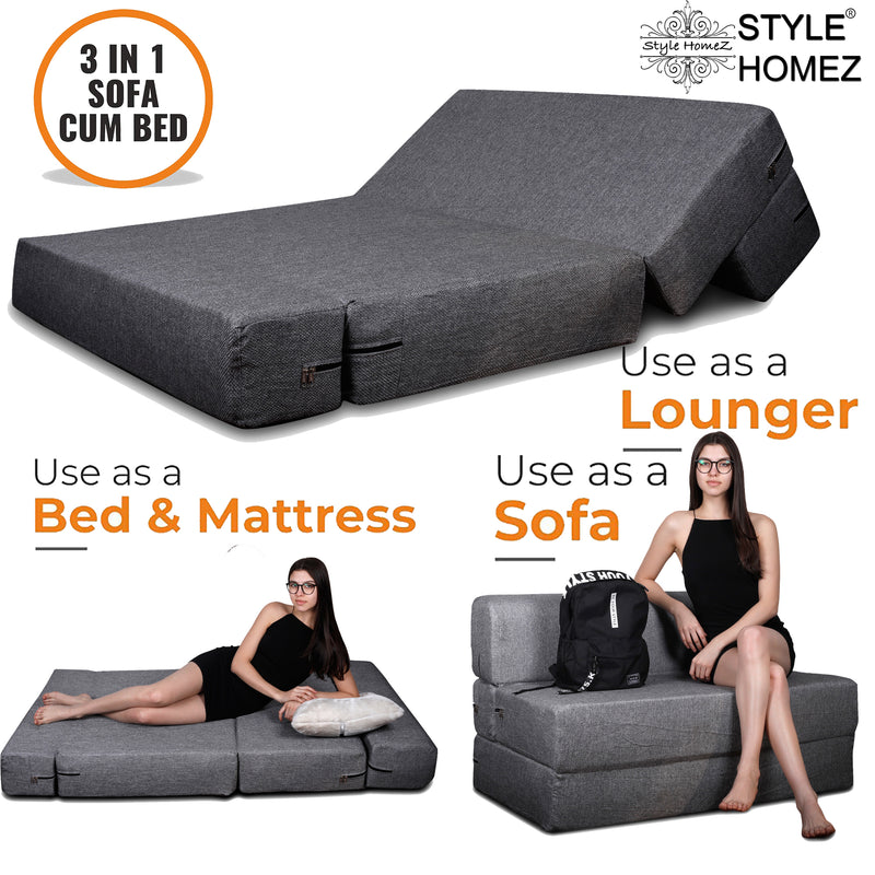 Style Homez Foldable Sofa Cum Bed, 4' x 6' Feet Premium Jute Fabric with High Density Foam, Grey Colour