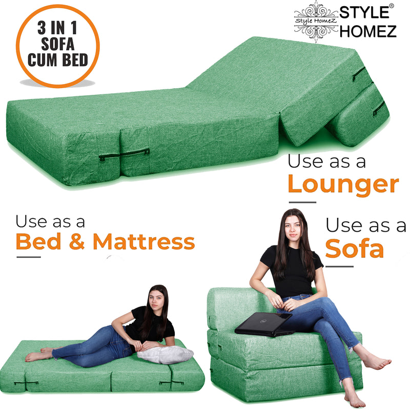 Style Homez Foldable Sofa Cum Bed, 3' x 6' Feet Premium Jute Fabric with High Density Foam, Green Colour