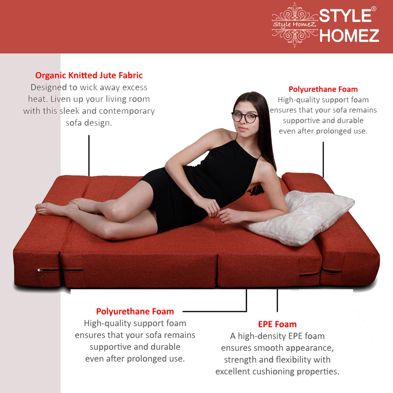 Style Homez Foldable Sofa Cum Bed, 4' x 6' Feet Premium Jute Fabric with High Density Foam, Orange Colour