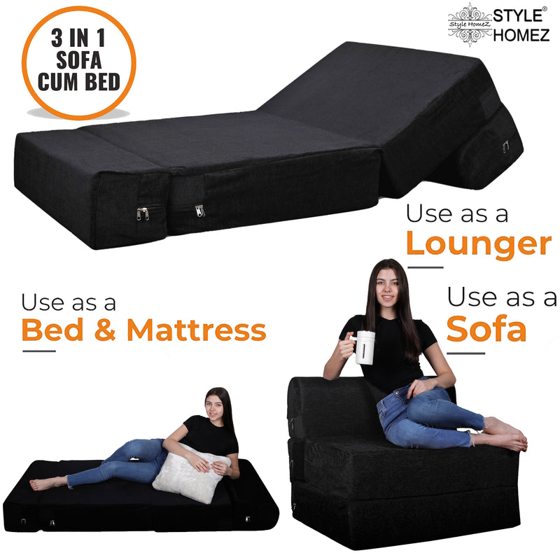 Style Homez Foldable Sofa Cum Bed, 3' x 6' Feet Premium Velvet Fabric with High Density Foam, Black Colour