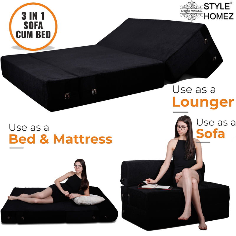 Style Homez Foldable Sofa Cum Bed, 4' x 6' Feet Premium Velvet Fabric with High Density Foam, Black Colour