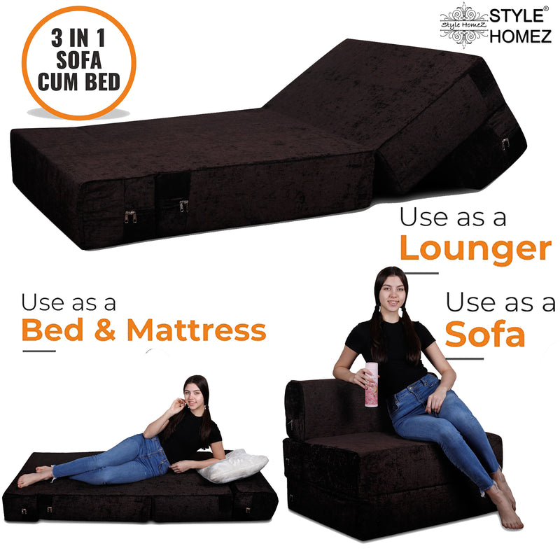Style Homez Foldable Sofa Cum Bed, 3' x 6' Feet Premium Velvet Fabric with High Density Foam, Chocolate Brown Colour