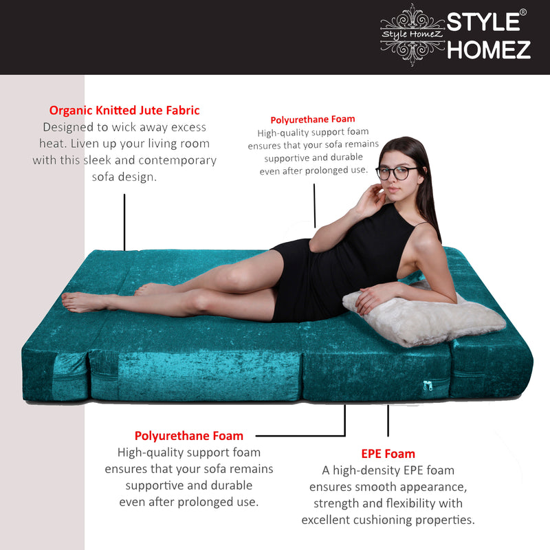 Style Homez Foldable Sofa Cum Bed, 4' x 6' Feet Premium Velvet Fabric with High Density Foam, Teal Colour