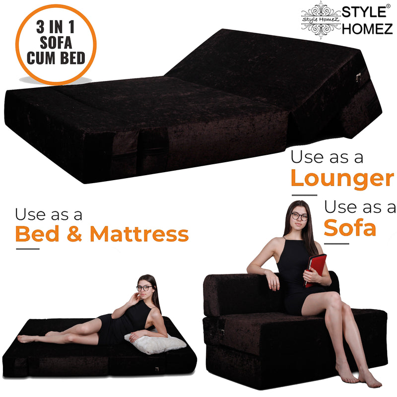Style Homez Foldable Sofa Cum Bed, 4' x 6' Feet Premium Velvet Fabric with High Density Foam, Chocolate Brown Colour