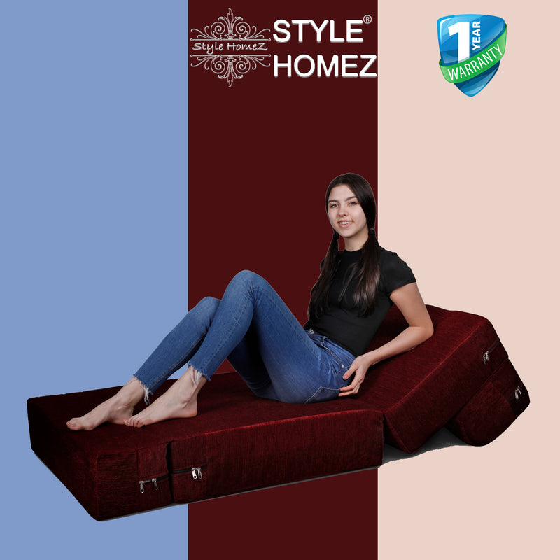 Style Homez Foldable Sofa Cum Bed, 3' x 6' Feet Premium Velvet Fabric with High Density Foam, Maroon Colour