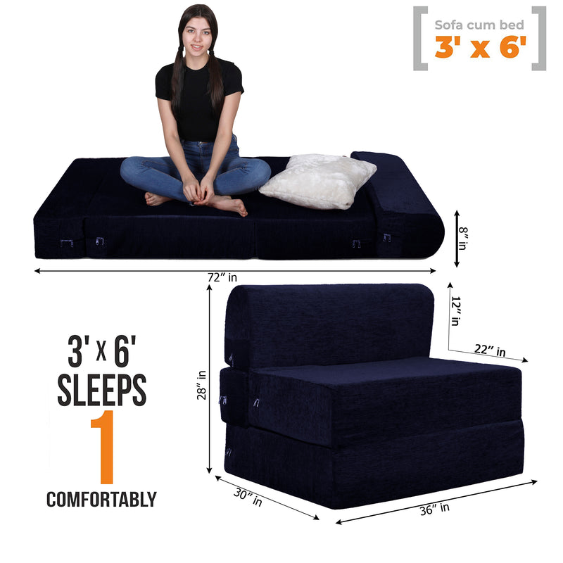 Style Homez Foldable Sofa Cum Bed, 3' x 6' Feet Premium Velvet Fabric with High Density Foam, Royal Blue Colour