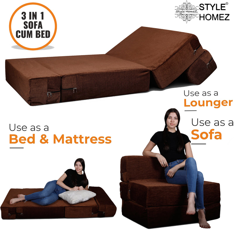Style Homez Foldable Sofa Cum Bed, 3' x 6' Feet Premium Velvet Fabric with High Density Foam, Shade Brown Colour