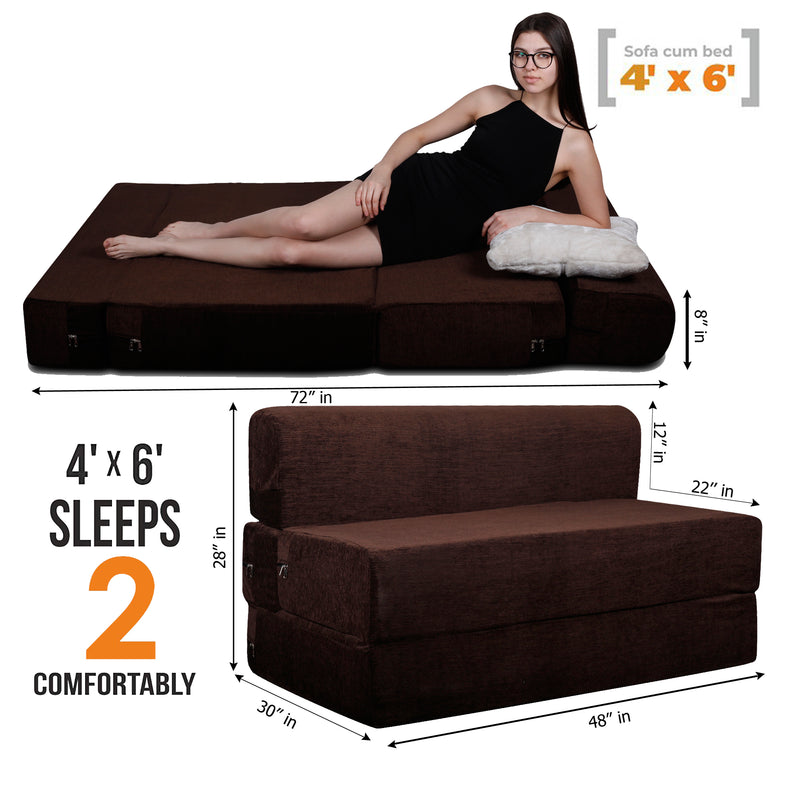 Style Homez Foldable Sofa Cum Bed, 4' x 6' Feet Premium Velvet Fabric with High Density Foam, Shade Brown Colour