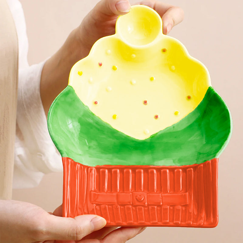 Style Homez Ceramic Cup Cake Snack Plate or Dessert Platter, Handmade & Microwave Safe, Orange, Green & Yellow Color (7.2 in x 5.6 in)