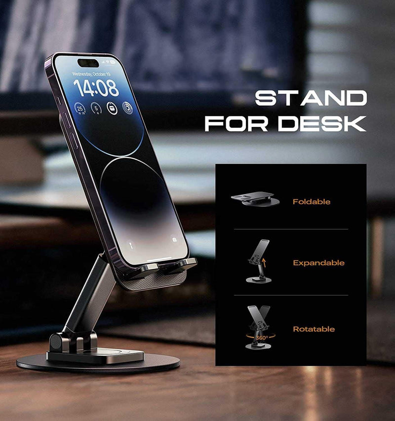 TXOR KEG360, Portable Desktop 360° Rotatable, Height Adjustable and Foldable Smart Phone Stand Holder (Compatible : 4" - 12.9"), Aluminum Metal Base Black Color