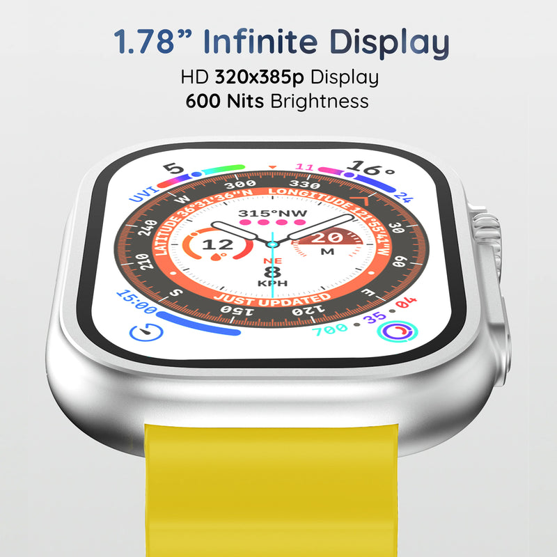 TXOR EPIC ULTRA, Smart Watch with BT Calling, Infinity AMOLED Split Screen 1.78" HD Display 368*448px (APP : WWFIT2.0), Silver Yellow