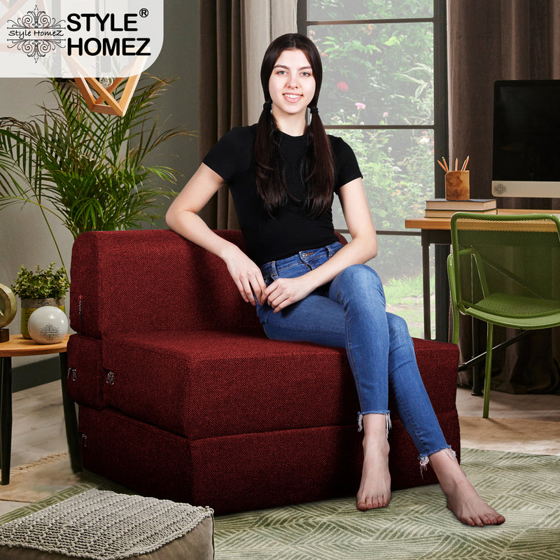 Style Homez Foldable Sofa Cum Bed, 3' x 6' Feet Premium Jute Fabric with High Density Foam, Crimson Red Colour