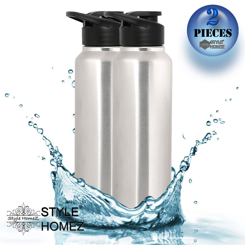 Style Homez Stainless Steel Water Bottle 1000 ml Gym Sipper Silver Chrome Color - BPA Free, Food Grade Quality (Set of 2)