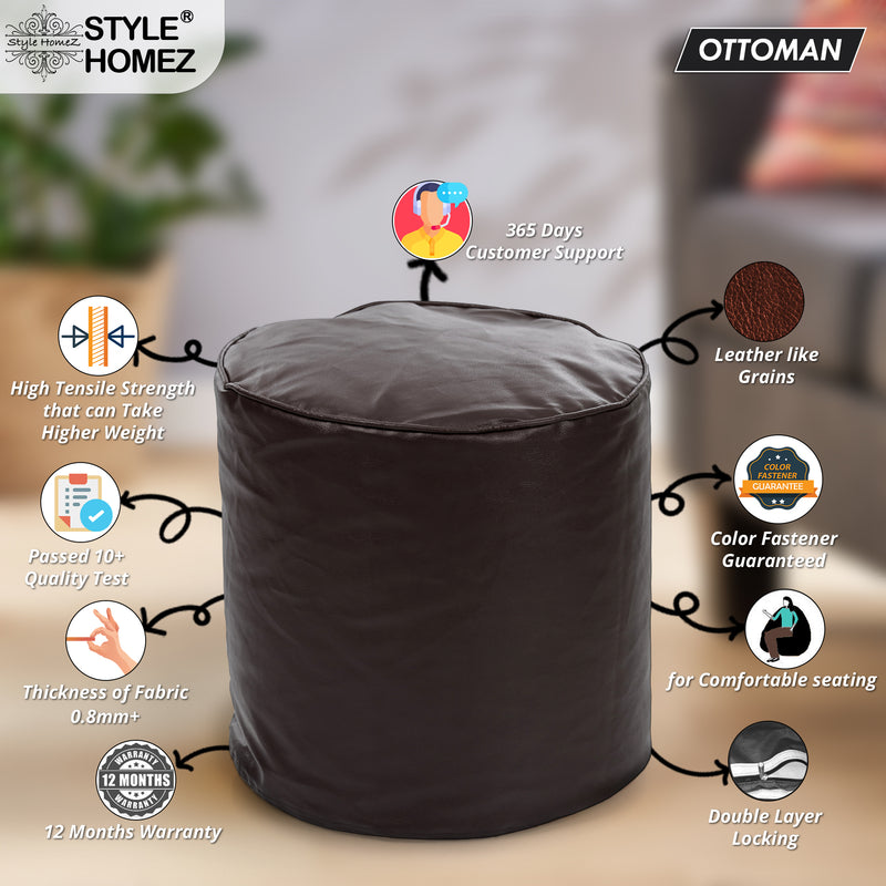 Style Homez Premium Leatherette Round Poof Bean Bag Ottoman Stool Large Size Chocolate Brown Color Cover Only