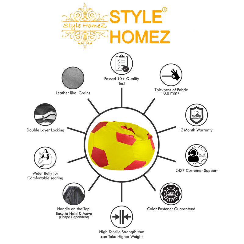 Style Homez Premium Leatherette Football Bean Bag XXL Size Yellow-Red Color Filled with Beans Fillers