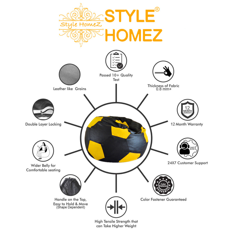 Style Homez Premium Leatherette Football Bean Bag XXL Size Black-Yellow Color Filled with Beans Fillers