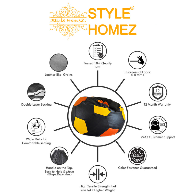 Style Homez Premium Leatherette Football Bean Bag XXL Size Black-Orange-Yellow Color Filled with Beans Fillers