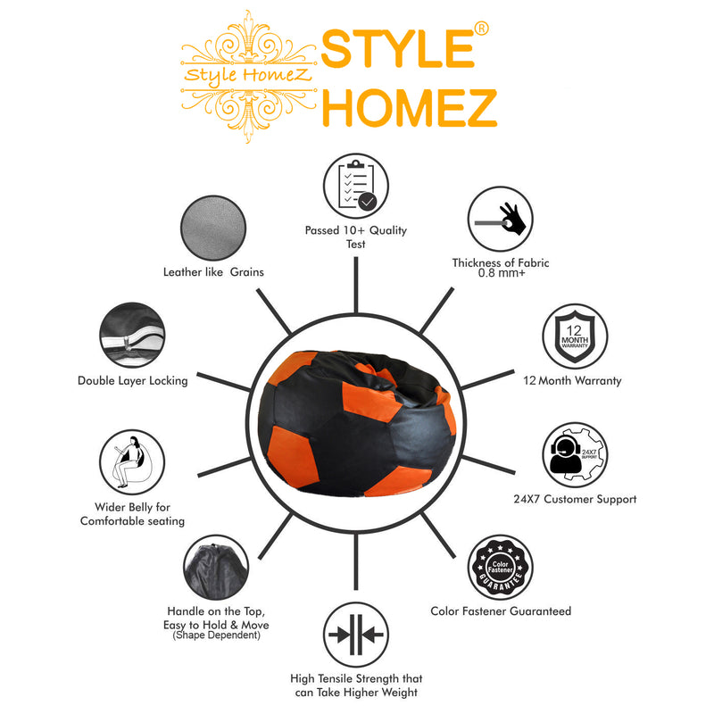 Style Homez Premium Leatherette Football Bean Bag XXL Size Black-Orange Color Filled with Beans Fillers