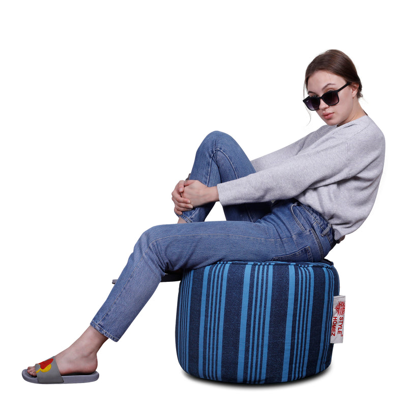 Style Homez Round Cotton Canvas Abstract Printed Bean Bag Ottoman Stool Large Cover Only, Blue Color