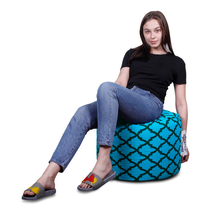Style Homez Round Cotton Canvas Abstract Printed Bean Bag Ottoman Stool Large Cover Only, Blue Color