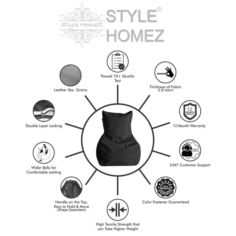 Style Homez Premium Leatherette XXXL Bean Bag Chair Black Color, Cover Only
