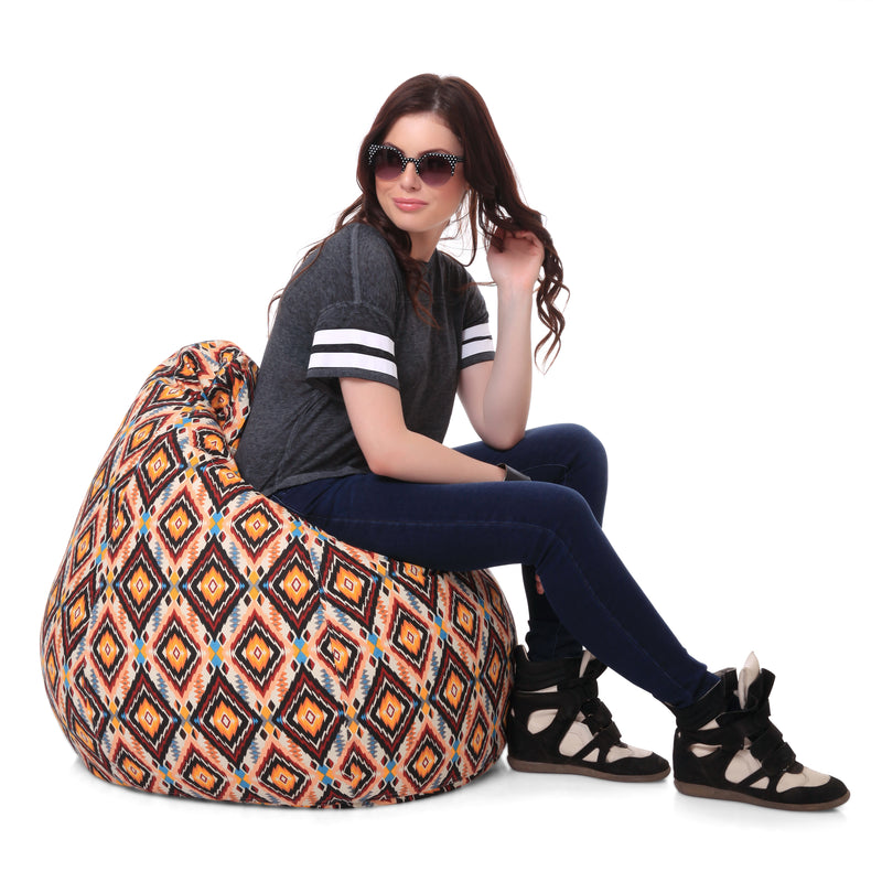 Style Homez Classic Cotton Canvas Geometric Printed Bean Bag XL Size Filled with Beans Fillers