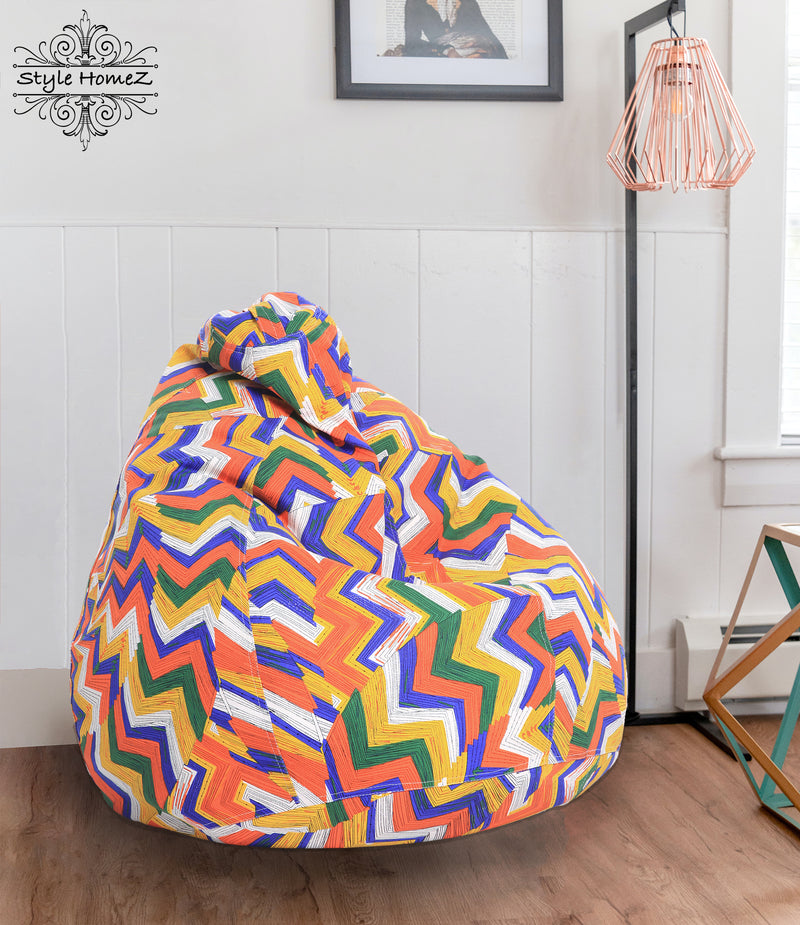 Style Homez Classic Cotton Canvas Geometric Printed Bean Bag XL Size Filled with Beans Fillers
