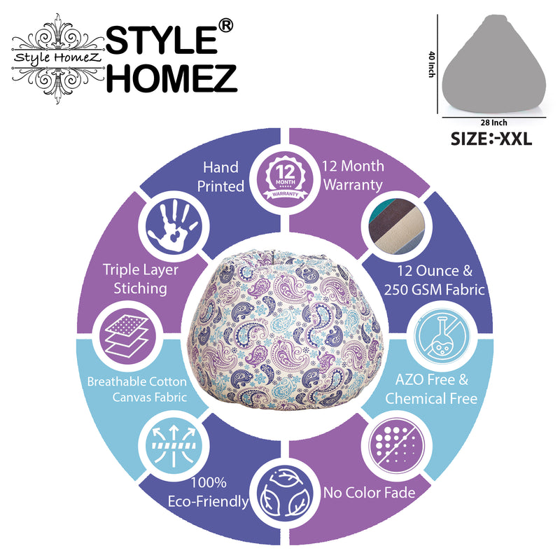 Style Homez Classic Cotton Canvas Paisley Printed Bean BagXXL Size With Fillers