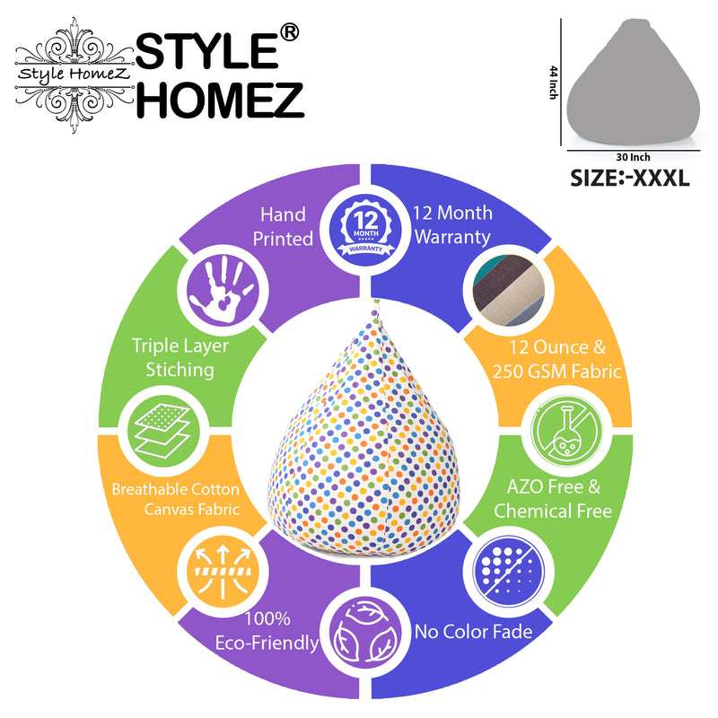 Style Homez Classic Cotton Canvas Polka Dots Printed Bean Bag XXXL  Size with Bean Refill Fillers