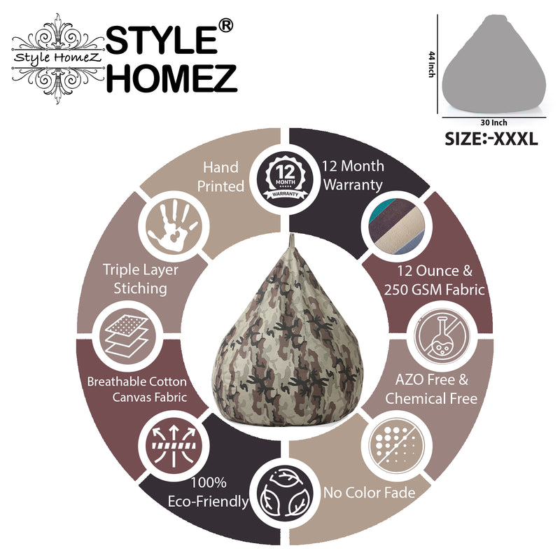 Style Homez Classic Cotton Canvas Camouflage Printed Bean Bag XXXL Size with Bean Refill Fillers