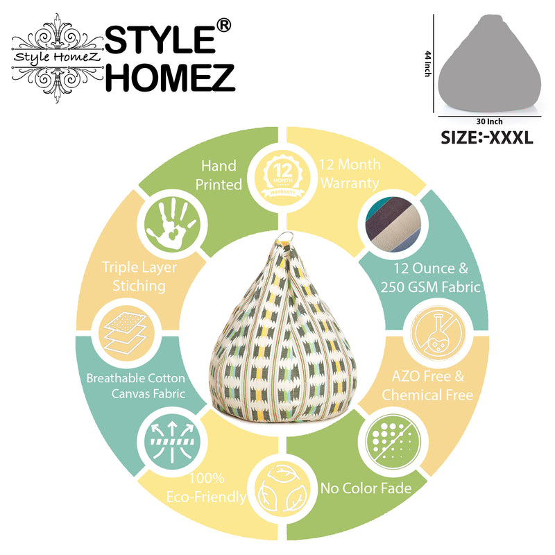 Style Homez Classic Cotton Canvas IKAT Printed Bean Bag XXXL Size with Bean Refill Fillers