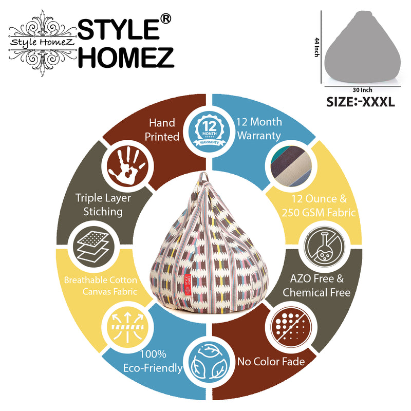 Style Homez Classic Cotton Canvas IKAT Printed Bean Bag XXXL Size with Bean Refill Fillers