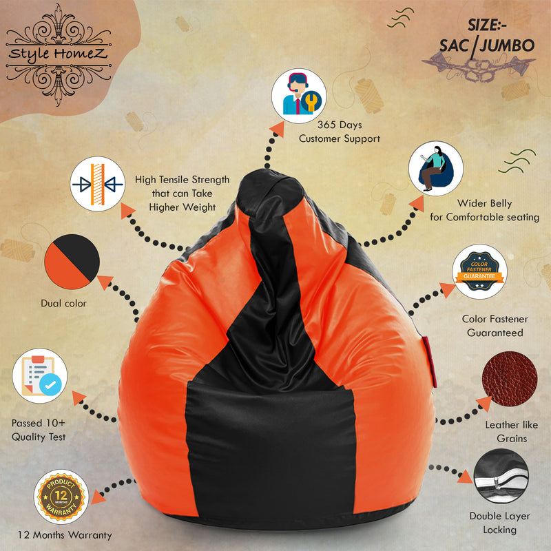Style Homez Premium Leatherette Classic Jumbo Bean Bag Jumbo Size SAC Black Orange Color Filled with Beans Fillers