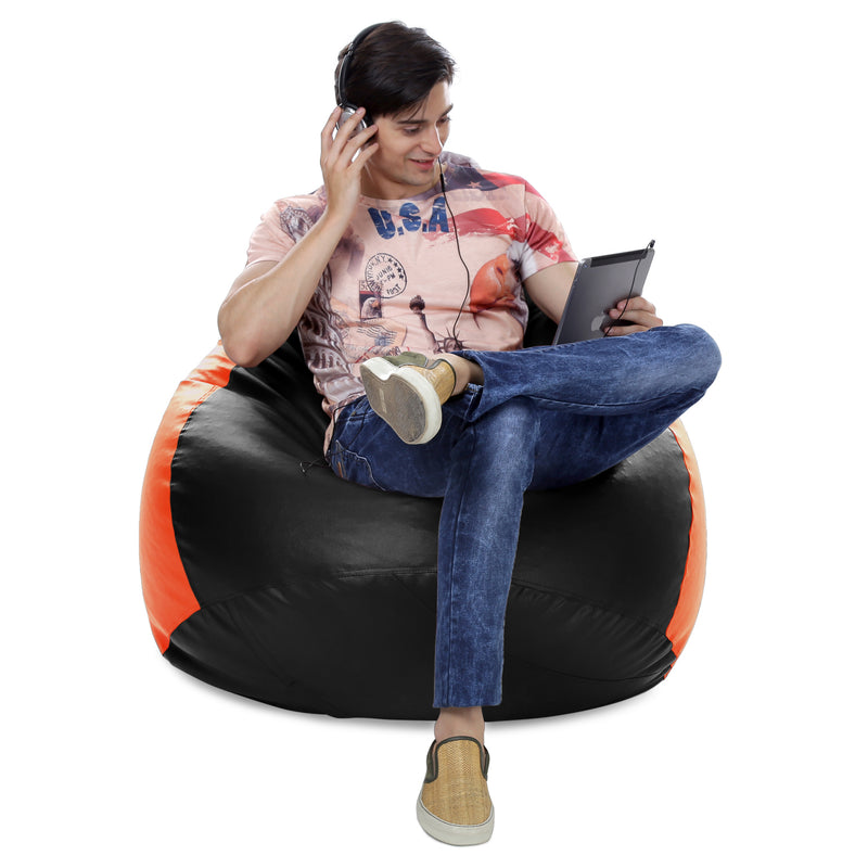Style Homez Premium Leatherette Classic Jumbo Bean Bag Jumbo Size SAC Black Orange Color Filled with Beans Fillers