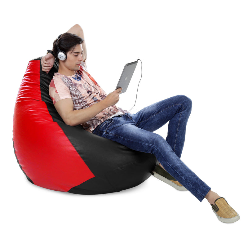 Style Homez Premium Leatherette Classic Jumbo Bean Bag Jumbo Size SAC Black Red Color Filled with Beans Fillers
