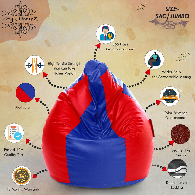 Style Homez Premium Leatherette Classic Jumbo Bean Bag Jumbo Size SAC Blue Red Color, Cover Only