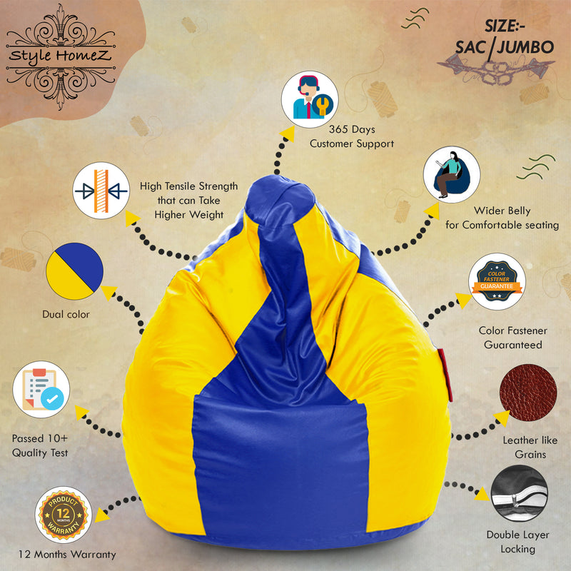 Style Homez Premium Leatherette Classic Jumbo Bean Bag Jumbo Size SAC Blue Yellow Color, Cover Only