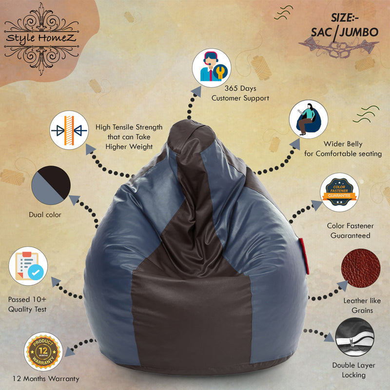 Style Homez Premium Leatherette Classic Jumbo Bean Bag Jumbo Size SAC Brown Grey Color Filled with Beans Fillers