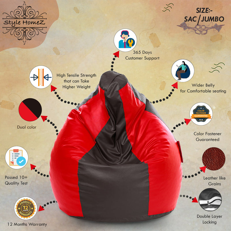 Style Homez Premium Leatherette Classic Jumbo Bean Bag Jumbo Size SAC Brown Red Color, Cover Only