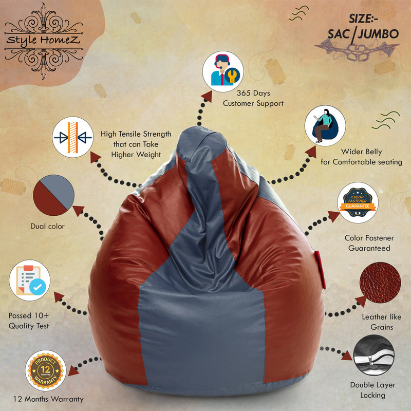 Style Homez Premium Leatherette Classic Jumbo Bean Bag Jumbo Size SAC Grey Tan Color Filled with Beans Fillers