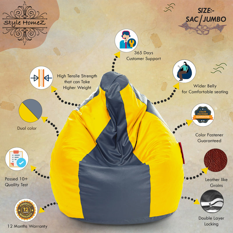 Style Homez Premium Leatherette Classic Jumbo Bean Bag Jumbo Size SAC Grey Yellow Color, Cover Only