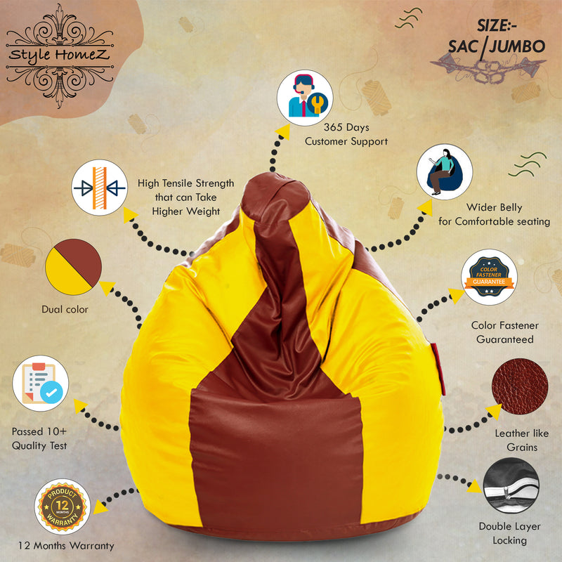 Style Homez Premium Leatherette Classic Jumbo Bean Bag Jumbo Size SAC Tan Yellow Color, Cover Only