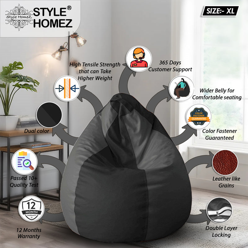Style Homez Premium Leatherette Classic Bean Bag Size XL Black Grey Color, Cover Only