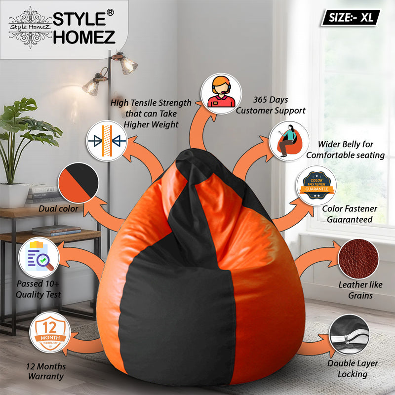 Style Homez Premium Leatherette Classic Bean Bag Size XL Black Orange Color, Cover Only