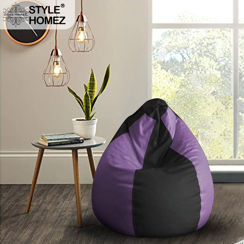 Style Homez Premium Leatherette Classic Bean Bag XL Size Black Purple Color Filled with Beans Fillers