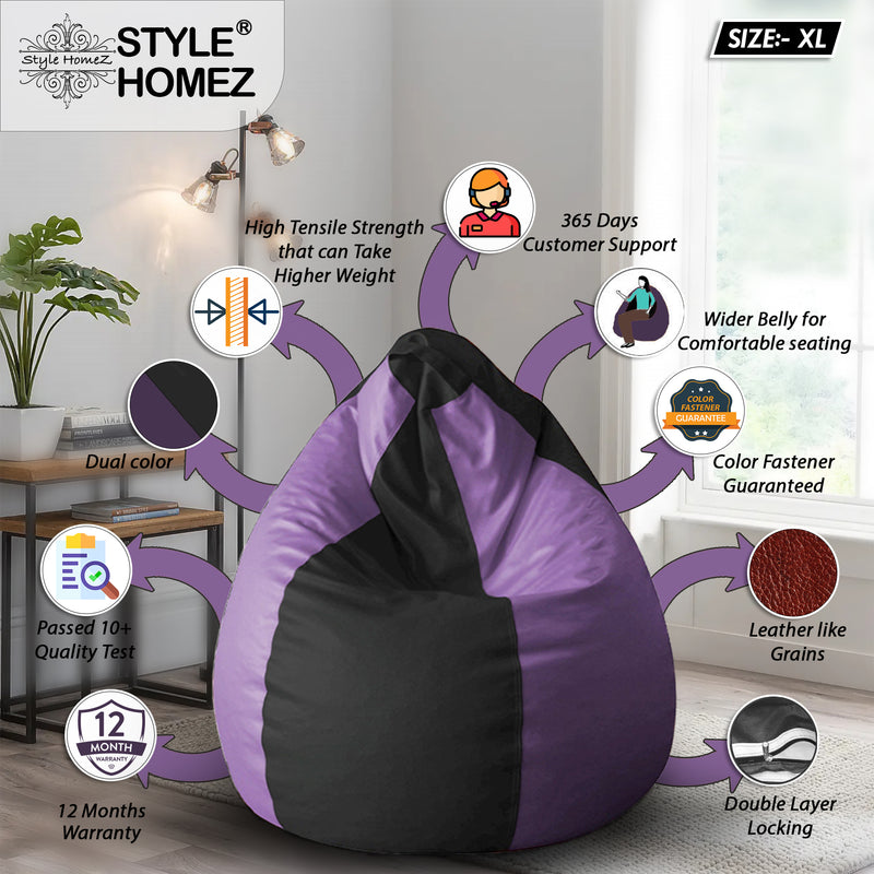 Style Homez Premium Leatherette Classic Bean Bag Size XL Black Purple Color, Cover Only