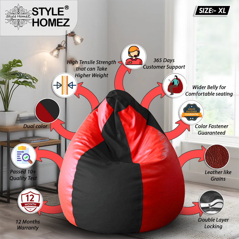 Style Homez Premium Leatherette Classic Bean Bag XL Size Black Red Color Filled with Beans Fillers