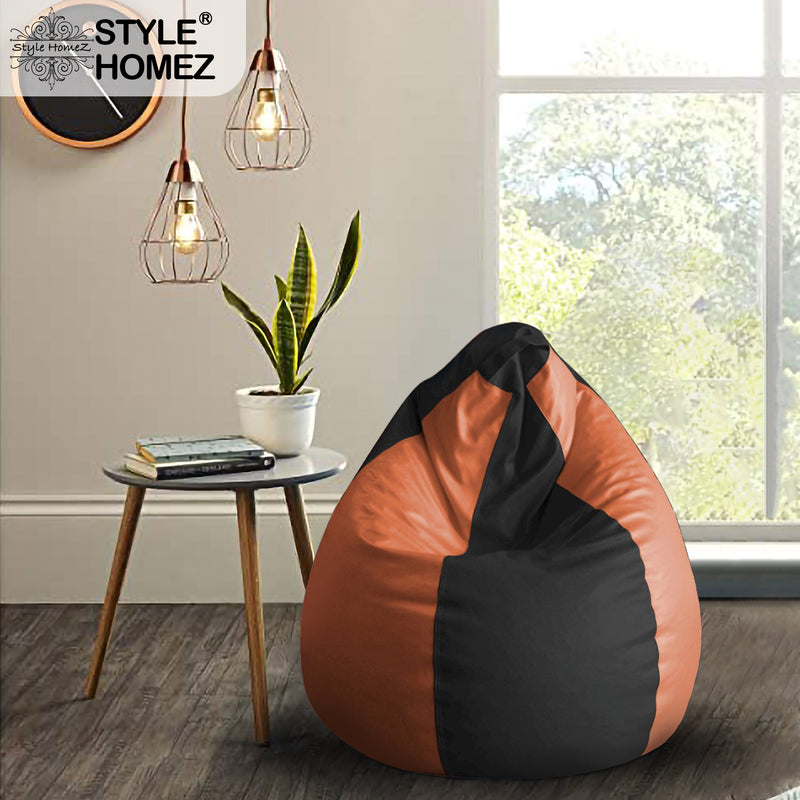 Style Homez Premium Leatherette Classic Bean Bag XL Size Black Tan Color Filled with Beans Fillers